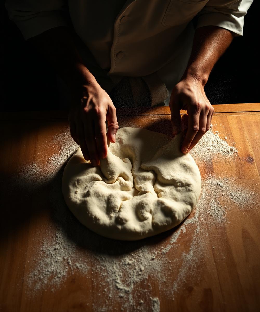 Pizzaiolo abrindo massa